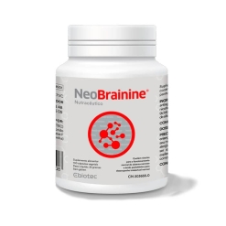Natura24.pt Um frasco branco com o rótulo NeoBrainine, 100 Cápsulas - Ebiotec apresenta texto preto e vermelho, um gráfico molecular vermelho, uma tampa branca e um rótulo espanhol com detalhes nutricionais e informações sobre o produto.